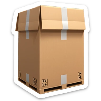 Ultra-realistic cardboard box inspired by the 📦 emoji in a warehouse environment, 4K, detailed corrugated texture, taped edges, industrial shelves in background, soft industrial lighting, realistic shadows, sharp focus, cinematic depth, professional photography. sticker
