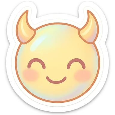 devil emoji, chibi style, holographic effect, iridescent pale yellow and peach, elegant horns, sweet smile sticker