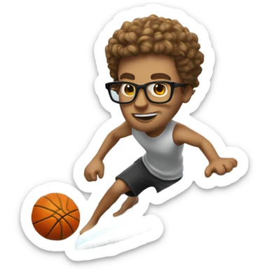 White guy with glasses and short curly hair surfing and spinning a basketball all while being half shark sticker