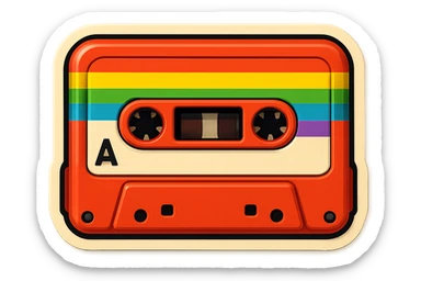 a cassette tape with a rainbow label, retro sticker style sticker