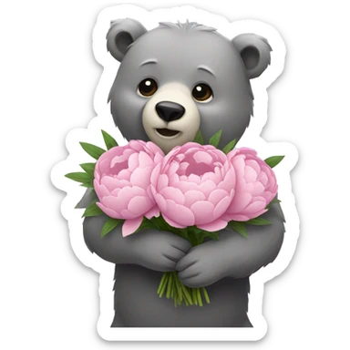 realistic-grey-bear-hugging-Bouquet-of-peonies sticker