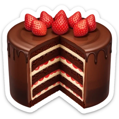 chocolate cake with visible cross-section topped with one fresh strawberry sticker
