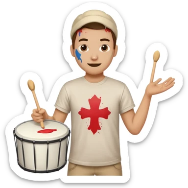 A loud fan, simple tee shirt with paint on his cheeks with a marching drum, beating it with enthusiasm sticker