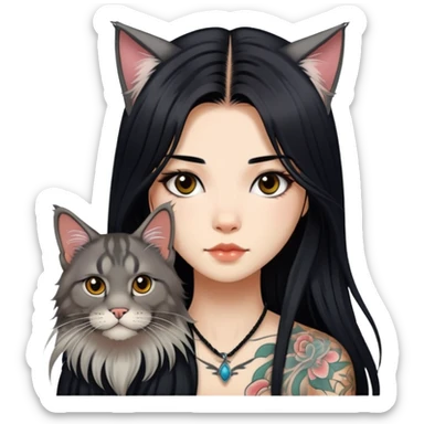 a Chinese girl with long black  straight hair and tattoos and Maine coon sticker