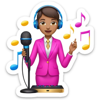 Create a vibrant and energetic emoji that represents pop or stage vocal performance. The design should feature a microphone on a stand, musical notes, and an illuminated stage or spotlight to symbolize the live performance aspect. Add an elegant stage costume, such as a suit or glamorous outfit, to emphasize the theatrical side of pop singing. Include elements like studio headphones, a music mixer, or a soundboard to reflect the modern, studio-based nature of pop vocal performance. Use bright colors like neon pink, electric blue, and gold to convey energy, creativity, and the glamour of the stage. The background should be transparent. sticker