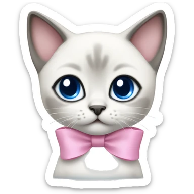 kawaii white and gray siamese kitten with blue eyes and pink bow on top of head sticker