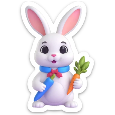 white rabbit holding a blue carrot, 3D style sticker