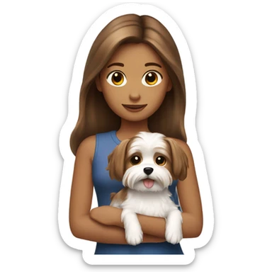 a girl with brown hair holding a white morkie dog sticker