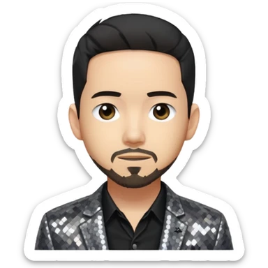 Mike Shinoda with sequin gray suit jacket with black shirt sticker