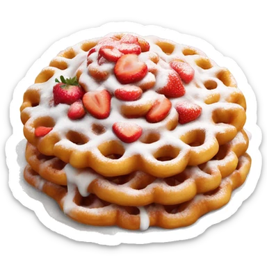 Realistic isolated funnel cake with powdered sugar and a strawberry sprinkled on top. sticker