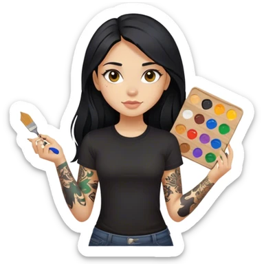 A girl with long black hair  light complexion and hazel eyes and black tattoos on right arm holding a paint palette  wearing black shirt sticker