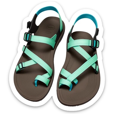 Chaco sandal with toe loop, black footbed, light blue and light green straps sticker