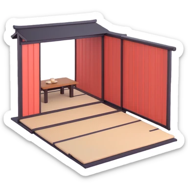 traditional Japanese house with wooden structure, sliding shoji doors, and tatami mat flooring sticker