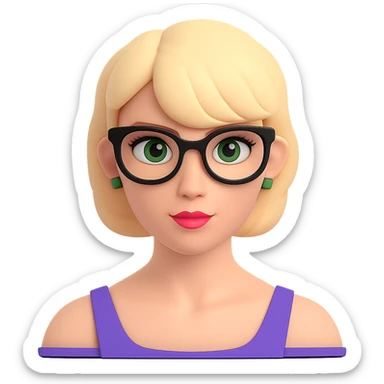 Add stylish glasses to the woman with thick blonde short hair and green eyes in a 3D emoji style. Keep the 3D emoji look consistent and remove the background. sticker