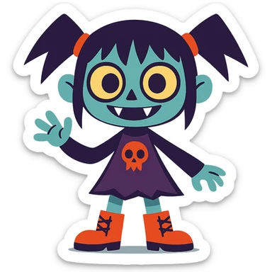 scary cute girl character, big eyes, playful but spooky, cartoon style sticker