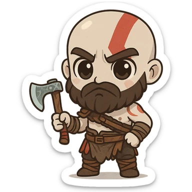 chibi-style Kratos with a tiny axe and big eyes sticker