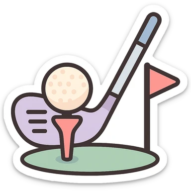 golf ball on a tee with golf club positioned as if about to hit and flag visible, icon-color-outlined style, detailed shading, thin clean outlines, soft rounded features, pastel palette #98B5BC #B5B3C1 #C9A3C9 #E4C0CA #F7DCD1 #F7C0AA, Japanese pop art, sticker look, highly detailed, vector clarity, soft lighting, subtle shadows, transparent background sticker