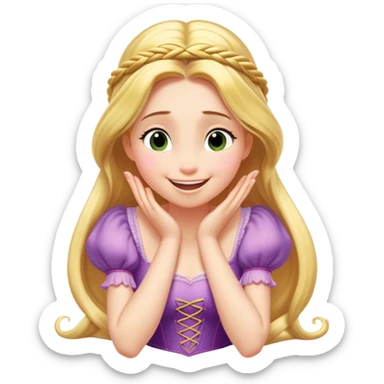 Cinematic Playful Rapunzel Portrait Emoji, Giggling as Pascal sits atop her head, hands cupped over her mouth in a moment of pure joy, her radiance shining through, utterly enchanting! sticker