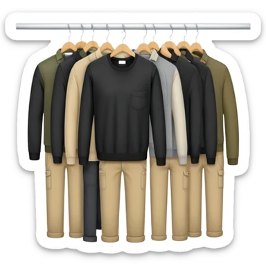 Open wardrobe filled with practical work clothes - black shirts, overalls, khaki pants, and sweaters sticker