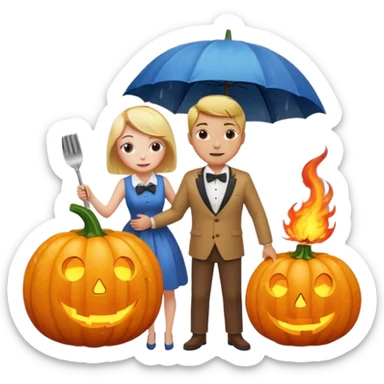 Make a guy hugging a giant pumpkin with a fork in his right hand while there's fire while there's a lady watching while it's raining while there's an umbrella on the ground that's alive and the sun has a bow tie on his neck sticker
