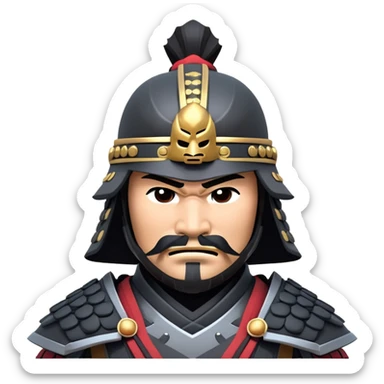 clash-of-clans-aesthetic_-cinematic-fearsome-and-majestic-samurai-bust-portrait-emoji, rendered in a flat, vector-style with minimal shading and bold, simplified shapes typical of emoji art, depicting a battle-hardened samurai with black mask and traditional black Japanese armor. The samurai is riding a noble grey warhorse adorned with an intricately designed saddle and fluttering banners and a rising sun. a samurai riding on a  horse zoomed in sticker