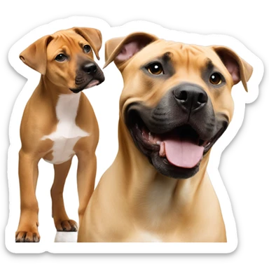 Black mouth cur puppy next to black and white smiling pit bull sticker