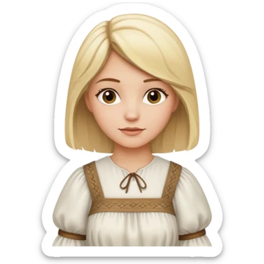 Mujer rubia con mechas un poco oscuras, cabello semilargo, vestido campesino blanco sticker
