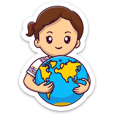 Beautiful young girl with brown hair wearing a white Ukrainian embroidered shirt holding a globe in her hand sticker