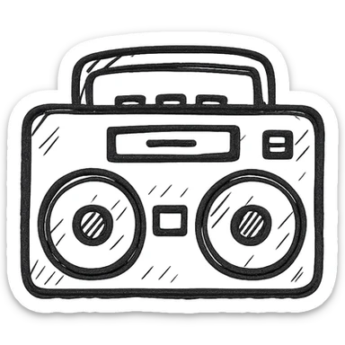 Boombox icon, hand drawn, black outlines, no fill, simple and clean, top view sticker