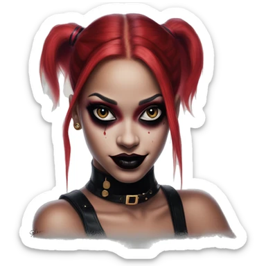 Mario Rihanna in Harley Quinn style, oil paint, mysterious eyes, intricate lips, masterpiece portrait, odd perspective, beautiful, desirable, logical sticker