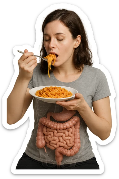 donna con intestino umano anatomico in evidenza che mangia un piatto di pasta, iperrealistico 4k sticker