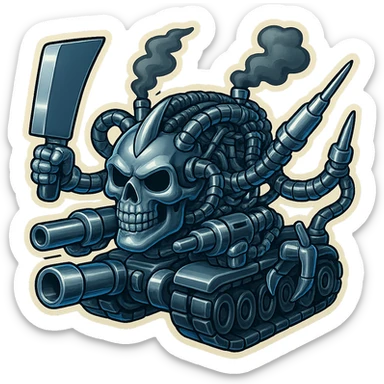 Edit the skull robot tank to have 4 distinct arms, each hand holding a different weapon: a large industrial blade, a blaster, a menacing syringe, and a claw. The exterior metal should be extra shiny silver grey, with inside cables and tech almost black. Add dark shaded smoke from the top. The skull face is smaller, dropped way down and put forward in front of the tank body. The whole subject should be compact and not tall, in a clean outline retro stickers style with transparent background. sticker