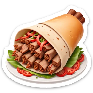 Cinematic Realistic Doner Kebab Dish Emoji, showcasing succulent, spiced meat shaved from a rotating spit rendered with lifelike detail and dynamic, appetizing lighting. sticker
