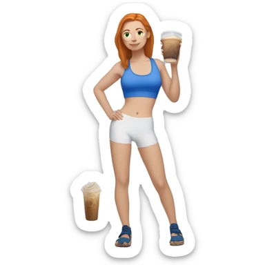 Ginger straight haired white girl in blue sports bra and leggings and birkenstocks drinking iced coffee sticker
