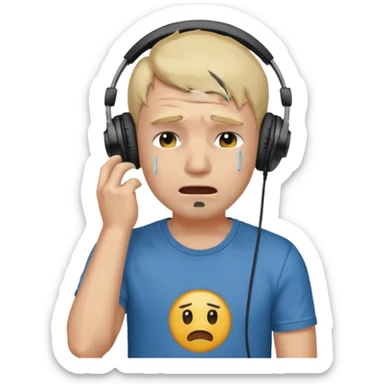 Male, crying, wearing headphone having mic, t-shirt 
 sticker