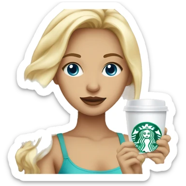 blonde girl blue eyes with Starbucks cup drink sticker