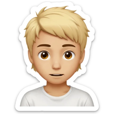 caramel skin color. Teen age. Short buzz, messy blonde hair, dark brown bushy eyebrows large expressive golden-brown eyes, brown skin color, scar over nose, wearing a plain white t-shirt. Awkward smirk with visible teeth. sticker