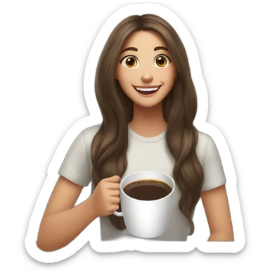 white young brunet woman with long flat hair with face visible huge smile and eyes wide open holding a cup of coffee the same size of her head sticker