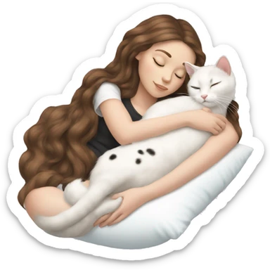White girl brown hair sleeping with white kitty with black spots sticker