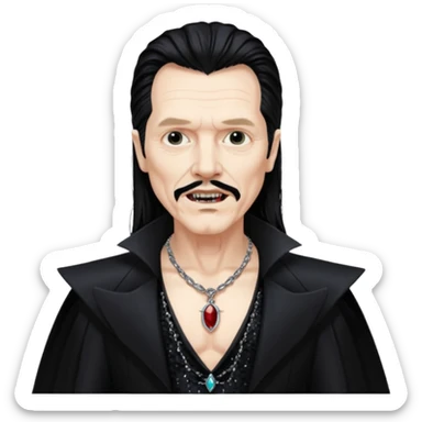 Gary Oldman as Dracula with long black hair, black sequin outfit, shirtless with necklace sticker