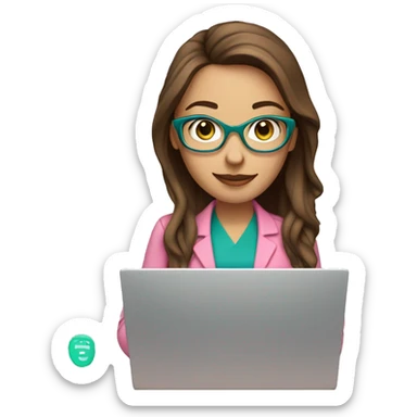 Female coding teacher featuring a laptop. She has long brunette hair, green eyes, fair skin, teal eye glasses and a pink feminine shirt sticker