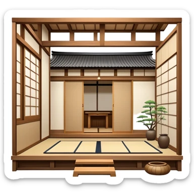 Traditional Japanese house with wooden structure, sliding shoji doors, tatami mats sticker