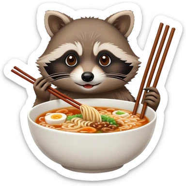 an anime inspired racoon eating ramen with chopsticks sticker