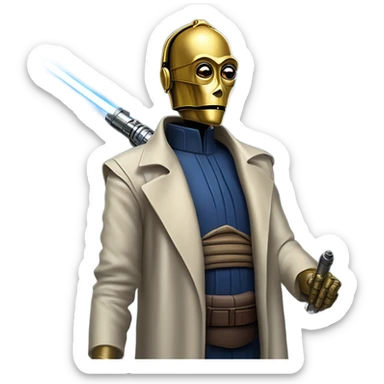 tarnished undercover tough well-equipped Jedi  life-sized darkblue-pearl C3po leather vest clothing pants and vest old west duster coat holding light saber sheriff sticker