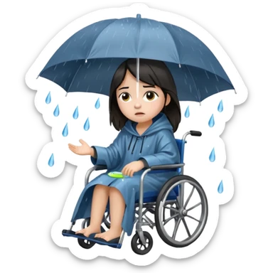 Girl with dark hair  in a wheelchair with rain poncho sad with rain storm  sticker