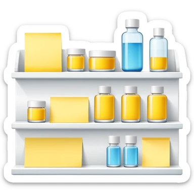 big long white shelf with luxury brand serum and big sticky note sticker