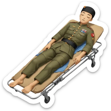 wounded man of oriental appearance, dressed in torn clothes, full length, with closed eyes, head lying on stretcher, in prone position, with injuries on black military stretcher, 1980 sticker