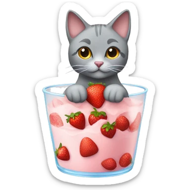 Grey cat in a parfait with strawberries sticker