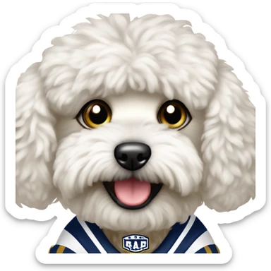 White fluffy maltipoo wearing LA Rams football uniform sticker