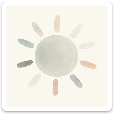 A sun illustrated in a watercolor painting style, with soft edges and blended colors sticker